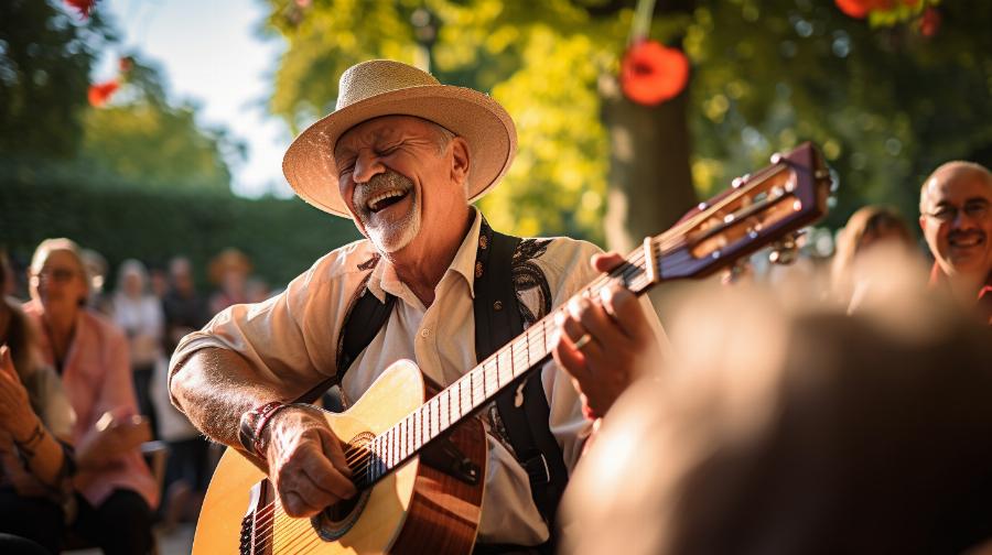 Des seniors profitant d'un spectacle musical live dans un parc, à ciel ouvert, célébrant le dynamisme culturel de Nantes.